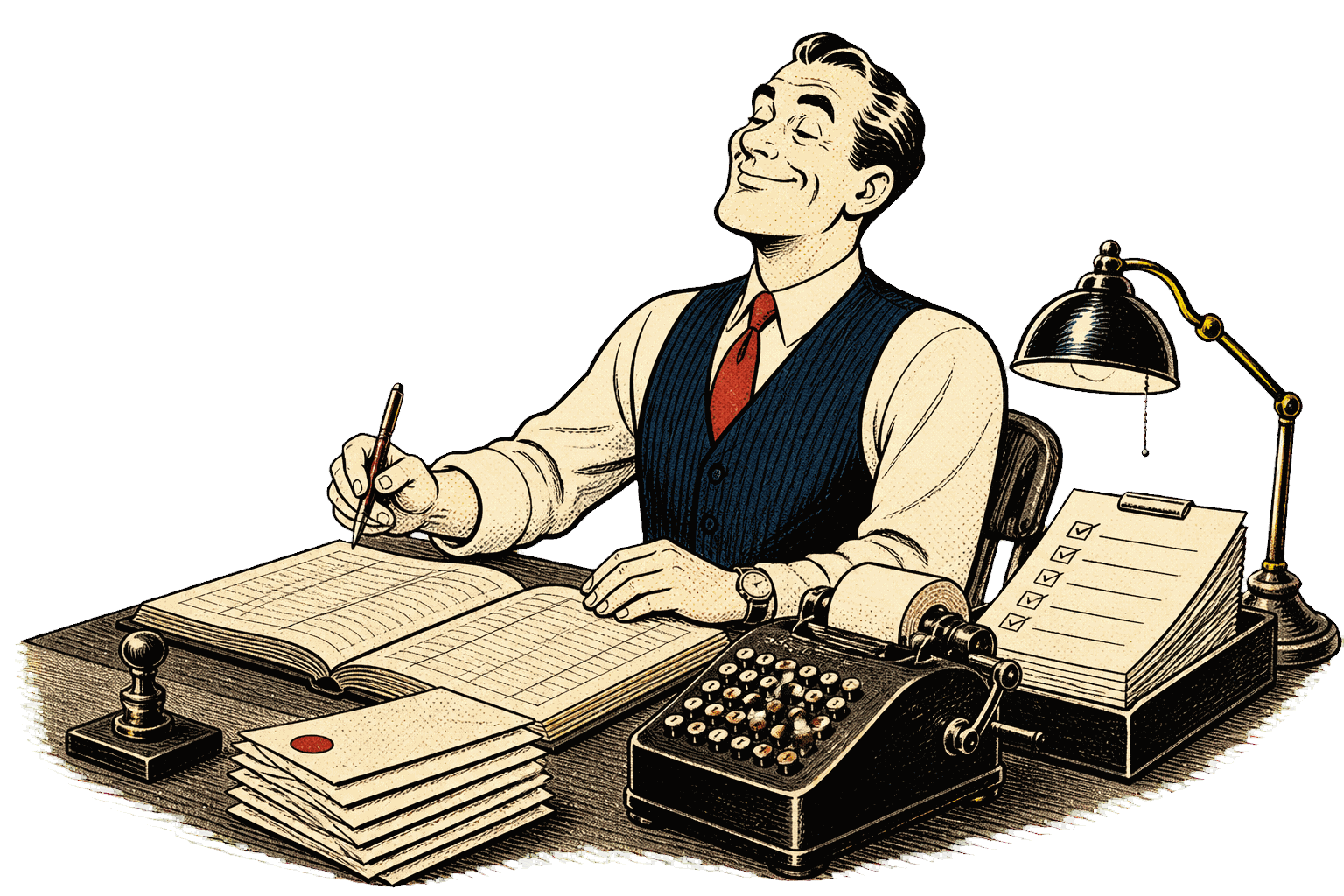 Owner calmly arranging payroll records and product tools across a tidy desk