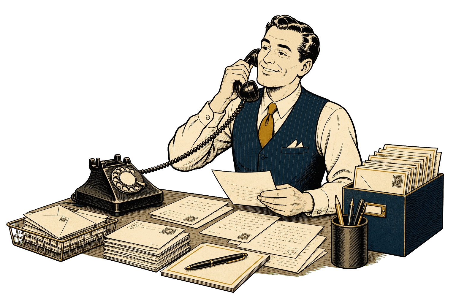 Owner answering a rotary telephone while sorting correspondence at a payroll desk
