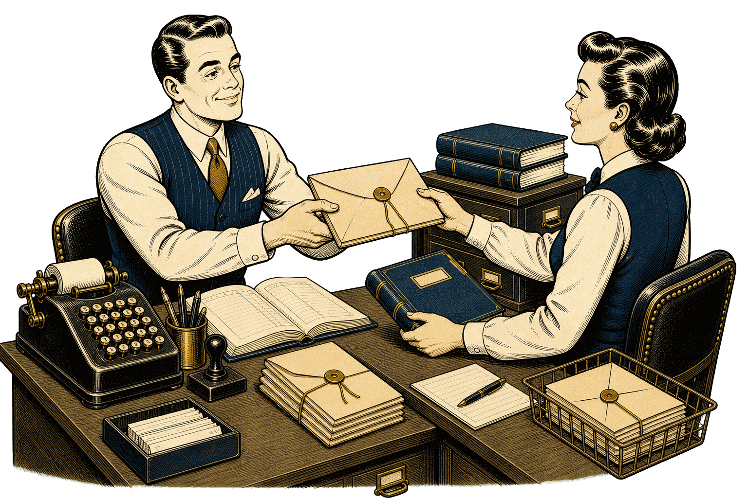 Coordinated clerks exchanging sealed data packets and matching ledgers across payroll desks