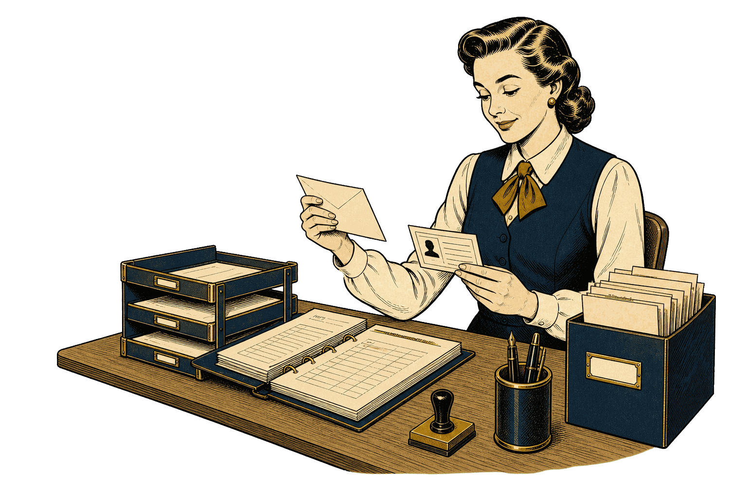 Worker reviewing a pay envelope and profile card at an orderly payroll desk with records kept close at hand