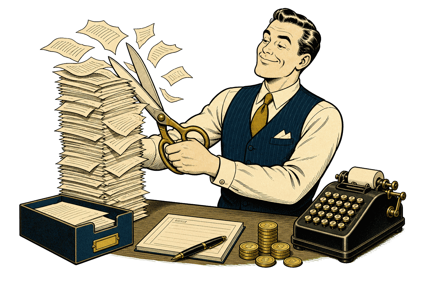 Owner cutting through a tower of invoices while a single clean payroll ticket sits ready on the desk