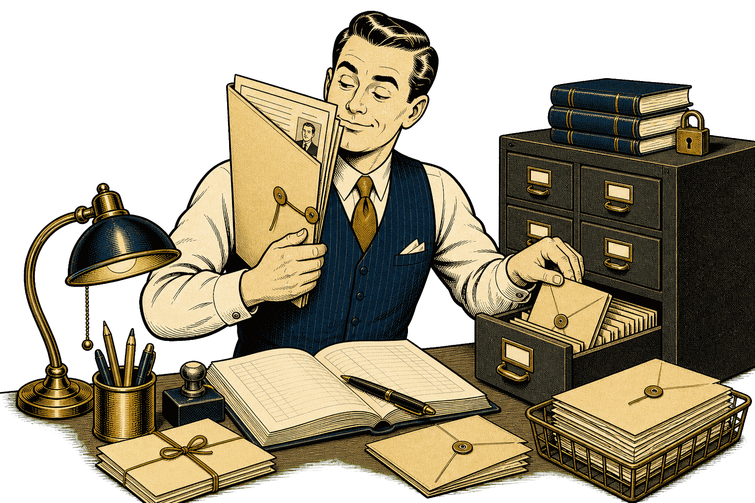 Records clerk sorting sealed worker files into private payroll drawers