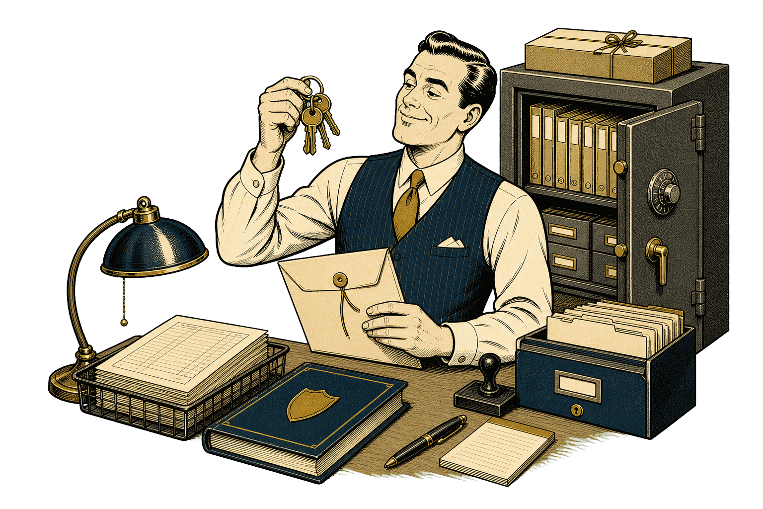 Office steward checking a key ring and sealed records cabinet at a payroll desk