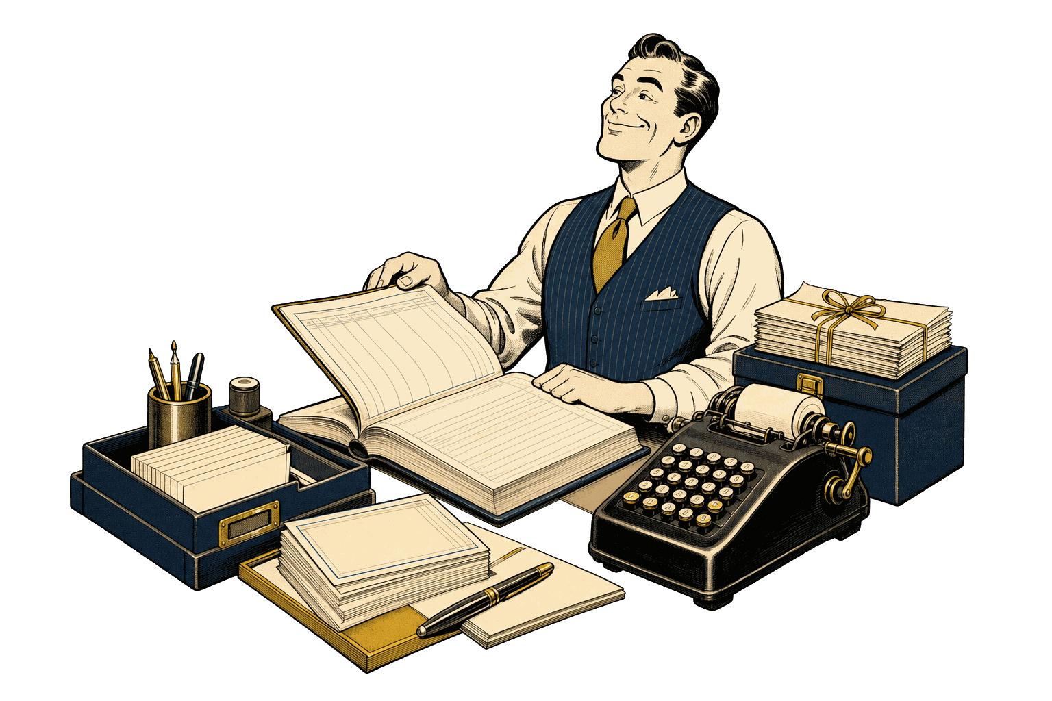 Owner opening a brand-new company ledger at a fresh payroll desk
