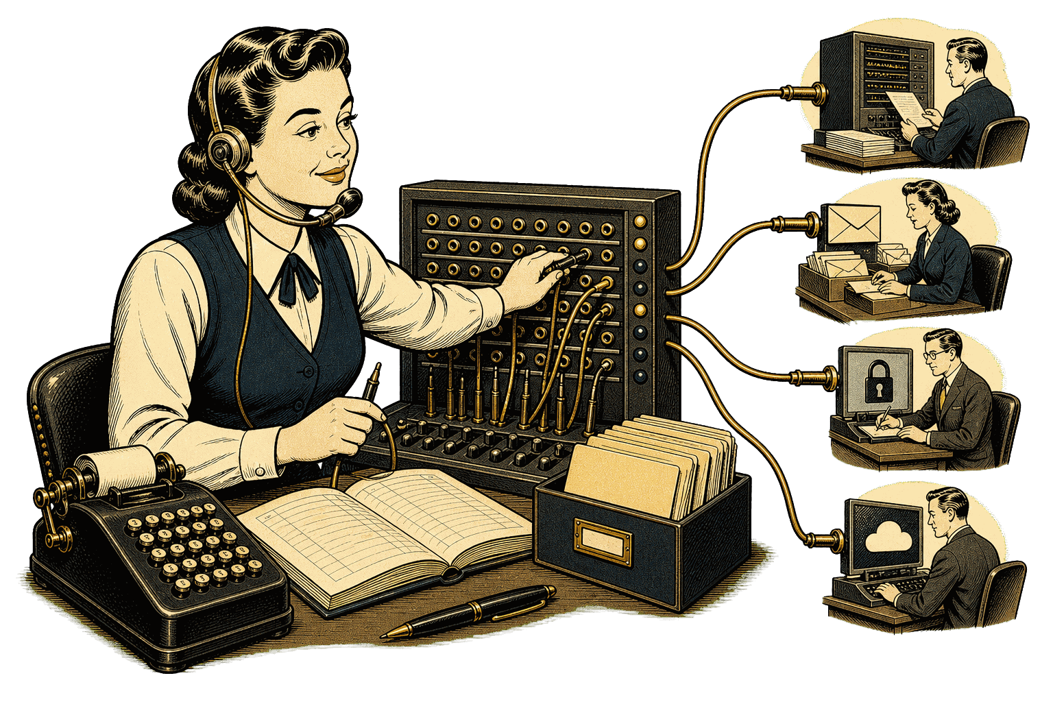 Switchboard operator routing approved service lines from a central payroll desk