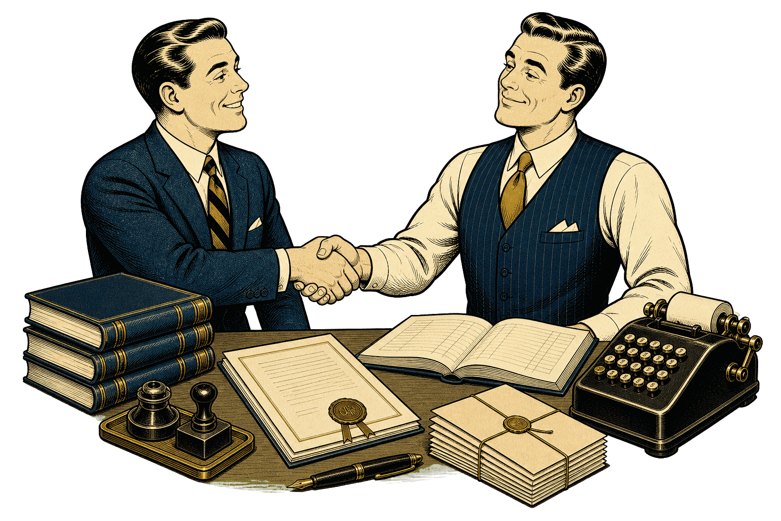 Two counterparts completing a formal handshake over a tidy contract and payroll desk