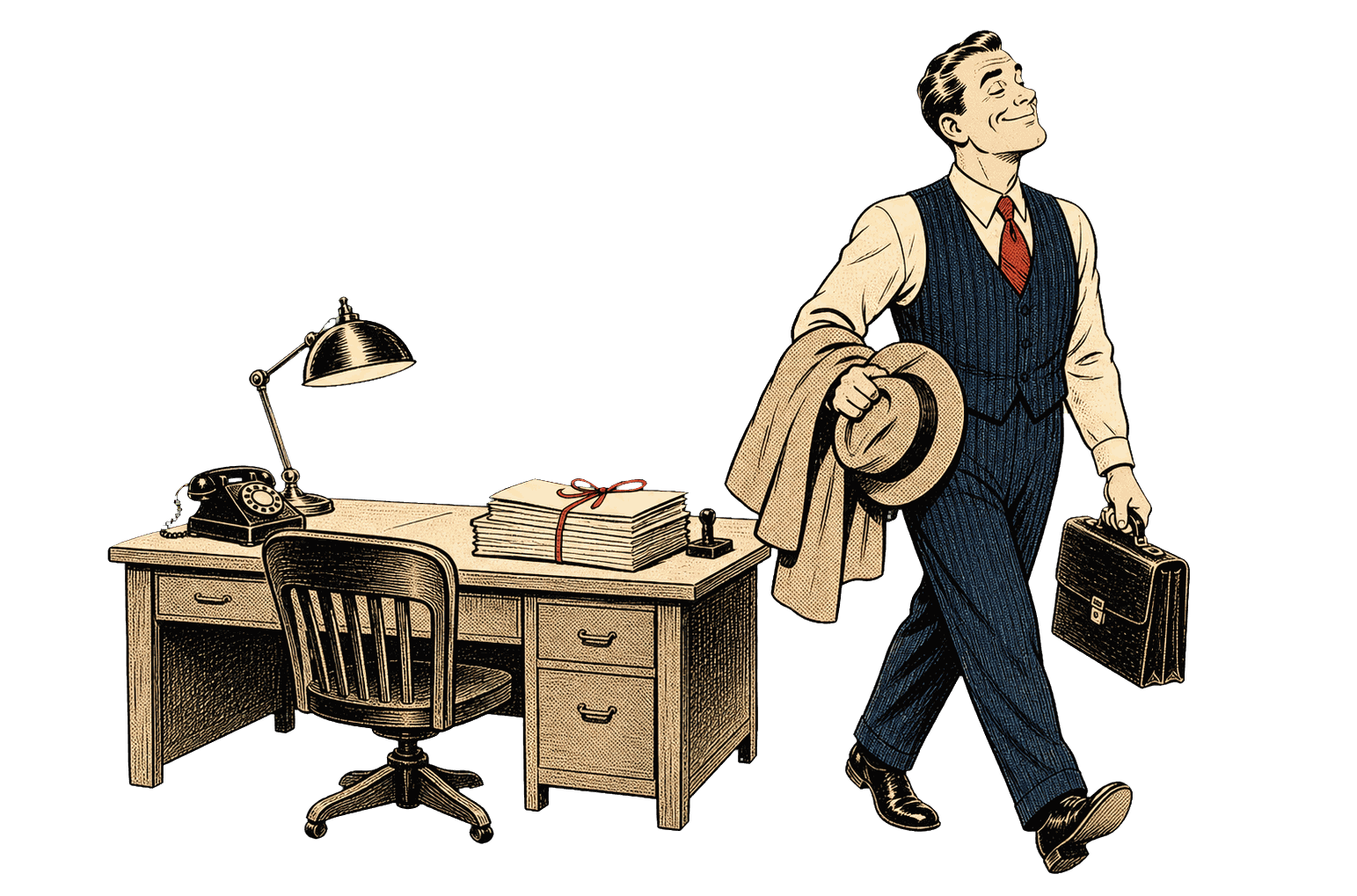 1940s editorial cartoon of an owner leaving the payroll desk with the afternoon still ahead