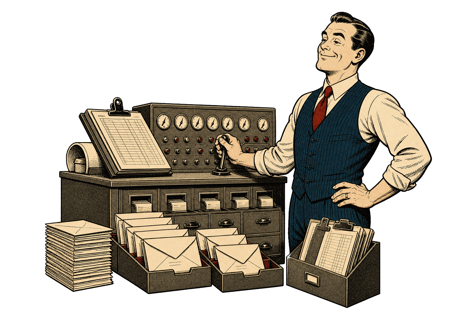 1940s editorial cartoon of an owner confidently operating a payroll control station