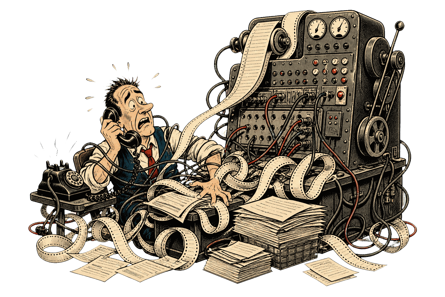 1940s editorial cartoon of an owner overwhelmed by payroll chaos and oversized office machinery