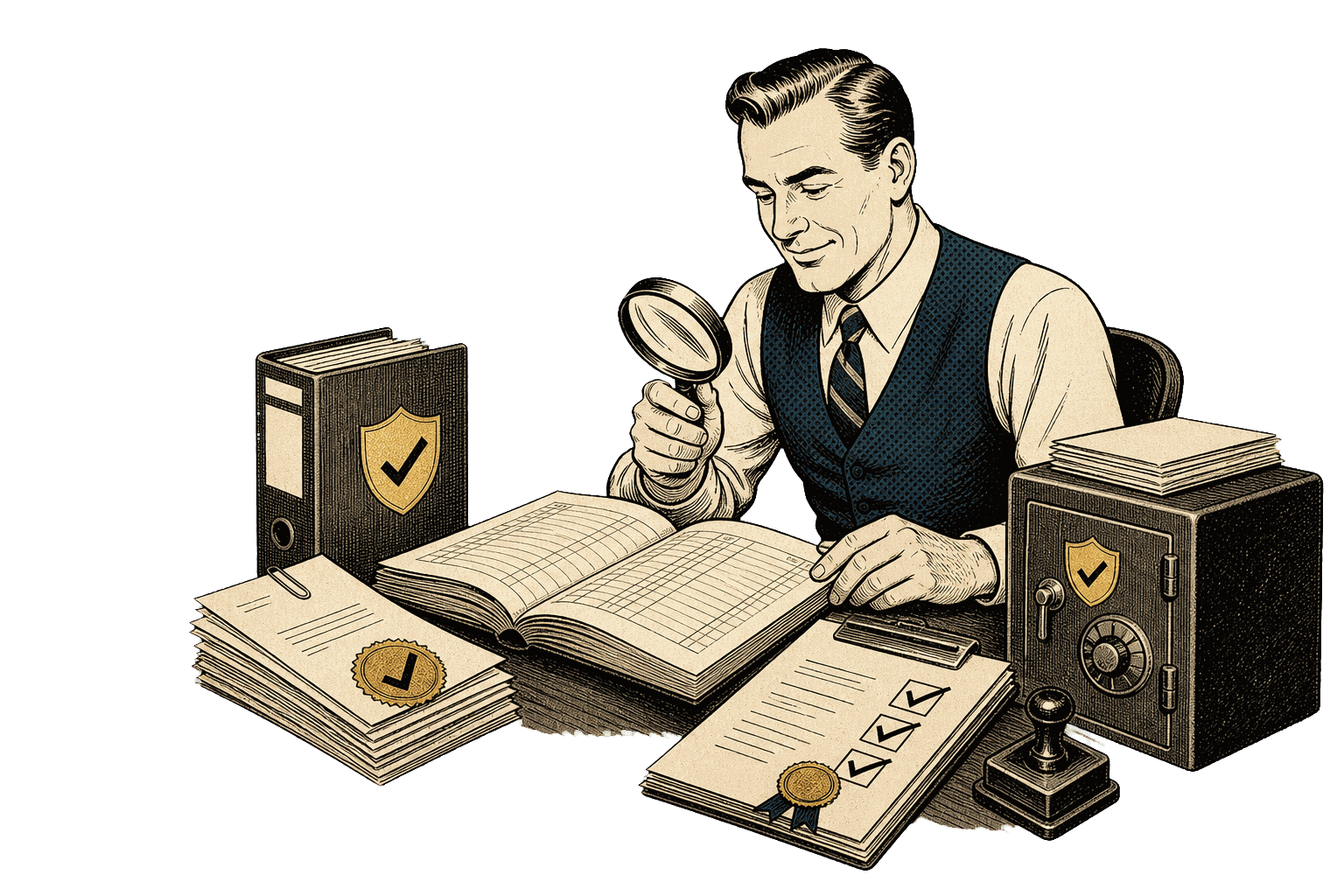 1940s editorial cartoon of a careful operator reviewing payroll documents with a magnifying glass