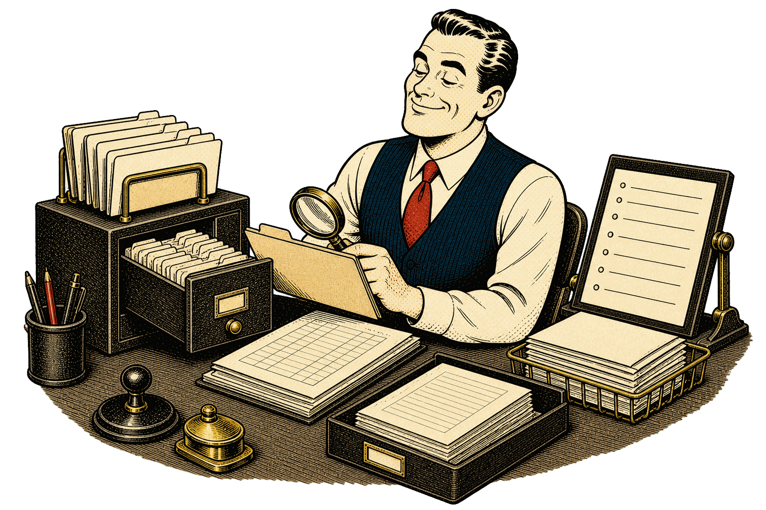 1940s editorial cartoon of a small-business owner using an orderly payroll search desk with indexed folders and reference forms