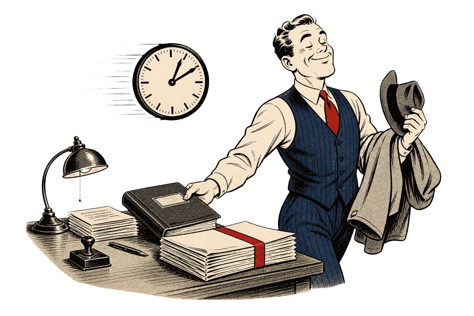 1940s editorial cartoon of an owner finishing payroll early and getting ready to leave the desk